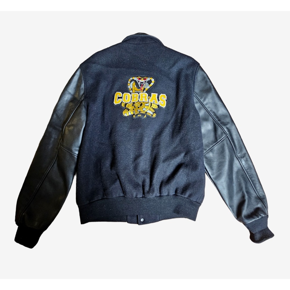 Vintage Dehen Varsity Jacket Wool Leather‎ Black Embroidered Cobras Womens L